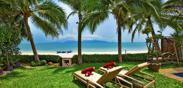 Villa Bougainvillea Koh Samui Luxury Beachfront - Lounge Chairs & View of Gulf of Thailand