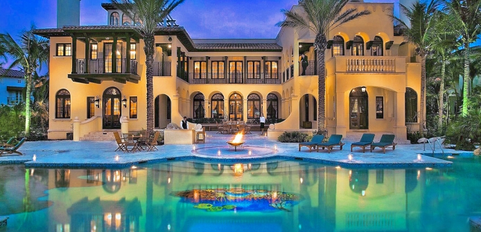Villa Contenta Miami Luxury Estate on Palm Island - Exterior & Pool at Dusk