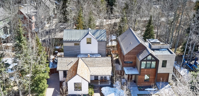 Modern Luxury Aspen Home On Quiet Street Near Ski Lifts at Aspen Ski Mountain - Exterior Drone Shot